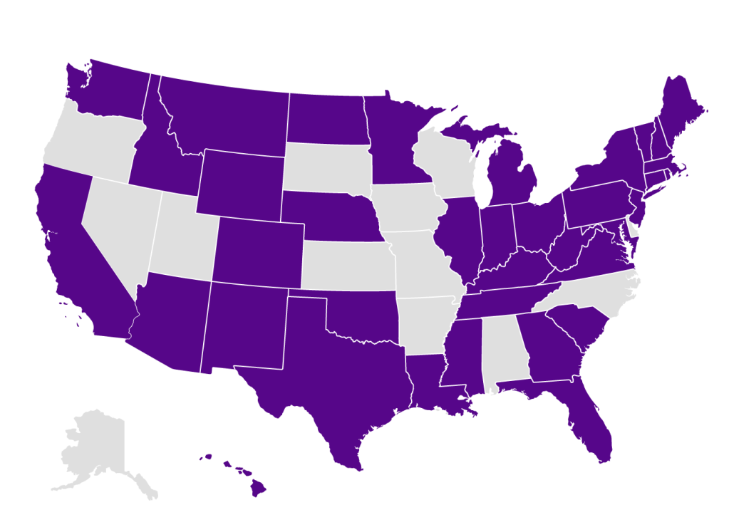 map displaying Arizona, California, Colorado, Connecticut, District of Columbia, Florida, Georgia, Hawaii, Illinois, Indiana, Kentuky, Louisiana, Massachusetts, Maryland, Montana, North Carolina, North Dakota, New Hampshire, New Jersey, New Mexico, Nevada, New York, Ohio, Oklahoma, Pennsylvania, South Carolina, Tennessee, Texas, Virginia, Vermont, Washington and Wyoming